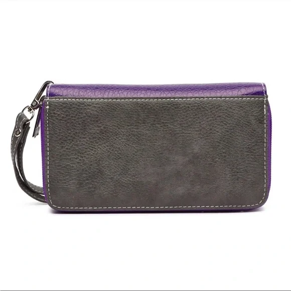 Purple Western Style Studded Wallet Bohemian Elephant Double Zipper Wristlet New - Picture 2 of 11